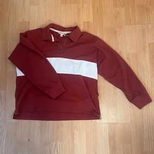 Toad&Co organic cotton rugby polo burgundy retro sporty boxy stripe small red